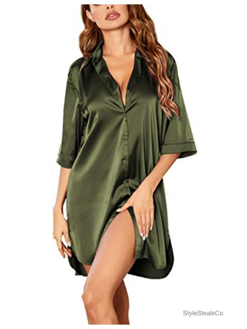 Satin Button Down Nightshirt 3/4 Sleeve Notch Collar Sleepshirt Nightgown